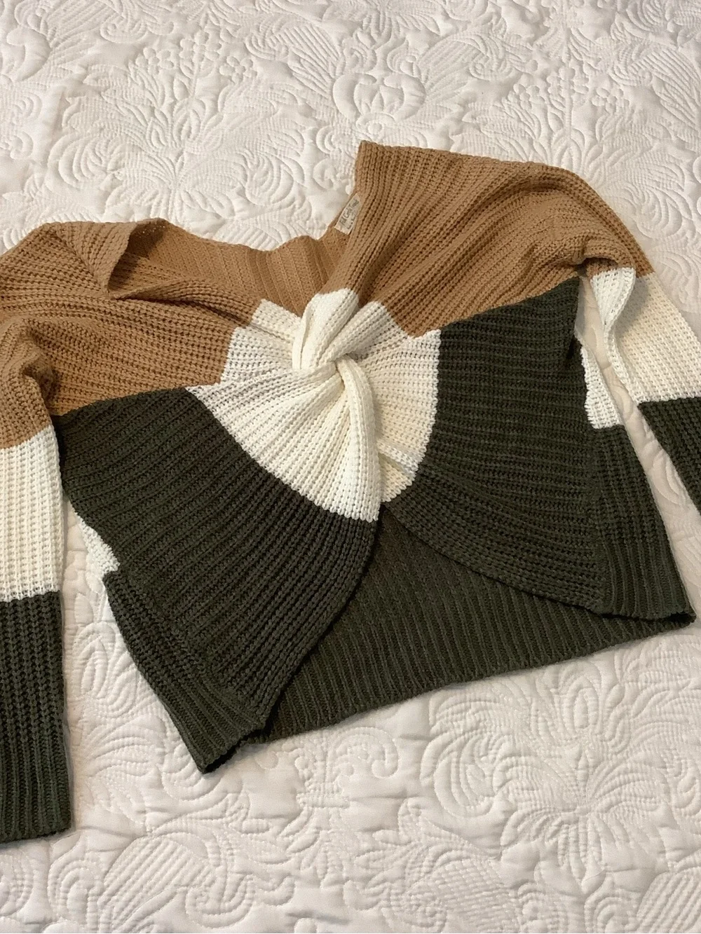 Crop Knit Twist Front Sweater - Olive, Cream & Tan - Picture 2 of 6